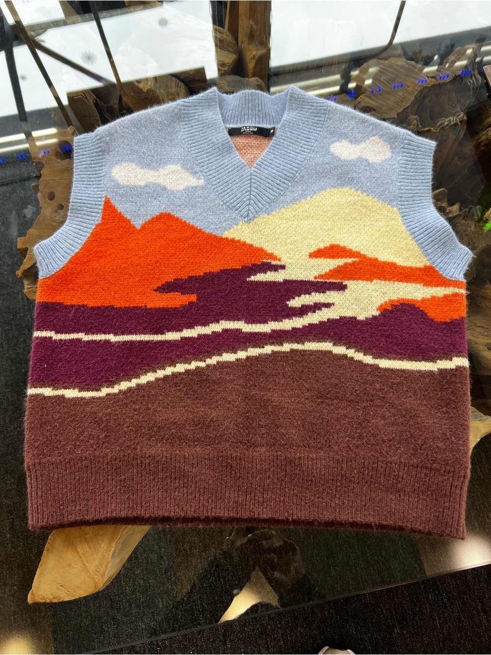 Jaded London Scenic V-Neck Sweater Vest in Light Blue, Orange & Brown